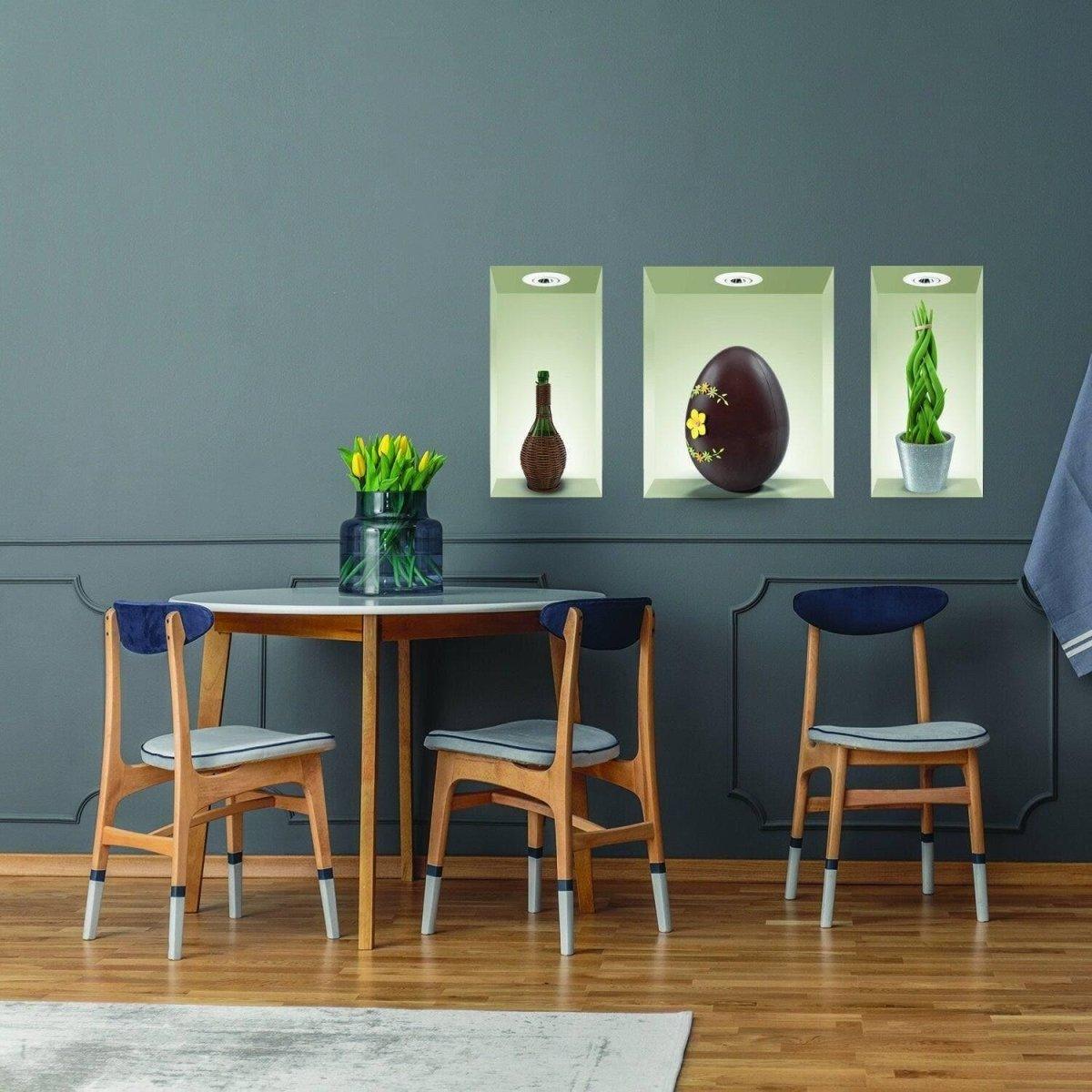 Elegant modern dining area featuring wall art with vases, an egg, and a plant inside illuminated niches.