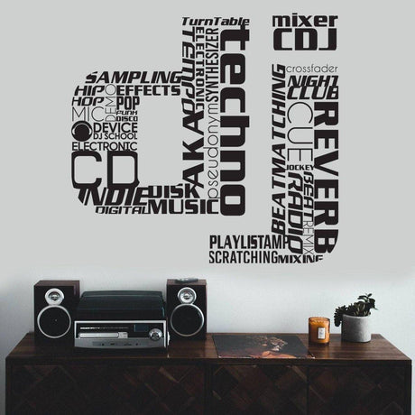 DJ wall decal featuring techno music words, enhancing any music lover's space with a stylish design.