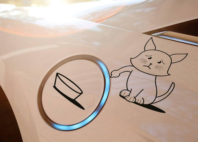 Petrol cat car decal showing an adorable cat pleading next to gas tank cover, adding personality to your vehicle.