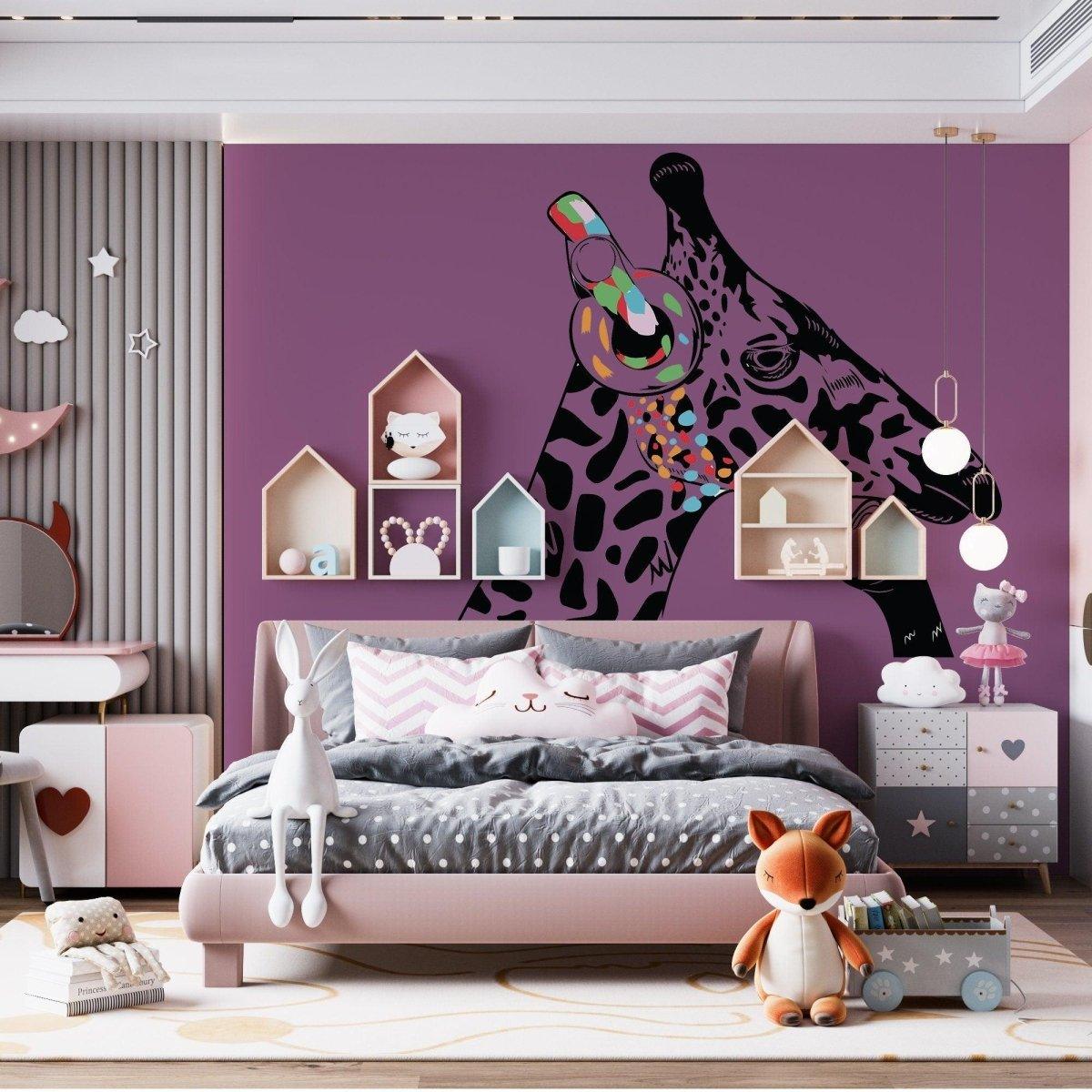 Dj Giraffe vinyl decal on a purple wall in a stylish bedroom, showcasing colorful giraffe design and modern decor.