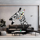 Colorful giraffe vinyl decal with headphones, adding unique wall art to modern living room decor.