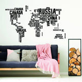 World map wall sticker design featuring country names in black, adding adventure to modern living space decor.