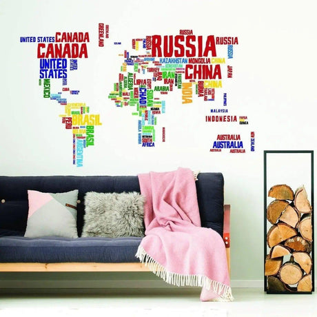 Colorful world map vinyl wall decal with country names.