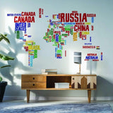 Colorful world map vinyl wall decal featuring country names.