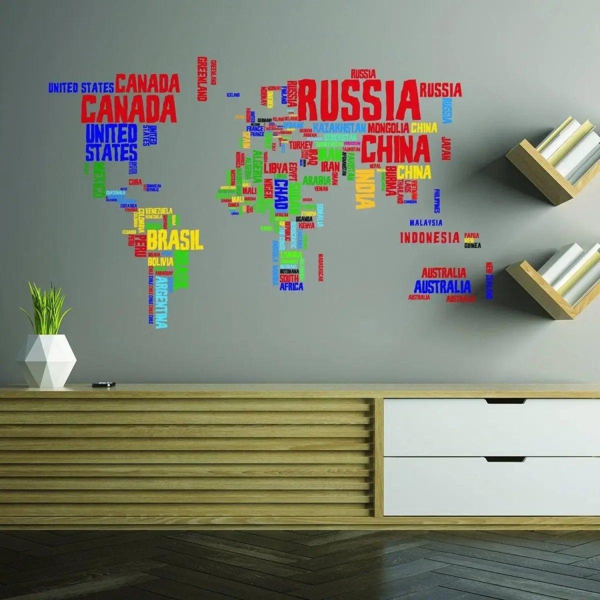 Colorful vinyl wall decal of a world map with country names.