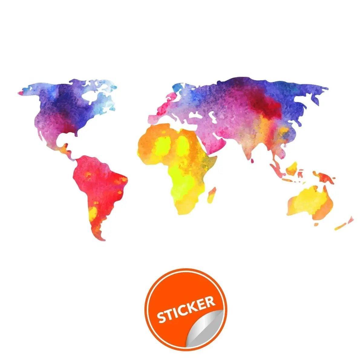 Colorful world map decal sticker in watercolor design for home or office decor.