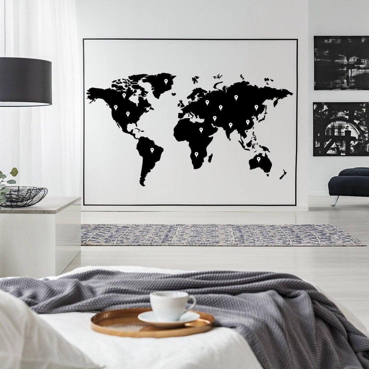 Wanderlust vinyl wall decal featuring a world map design.