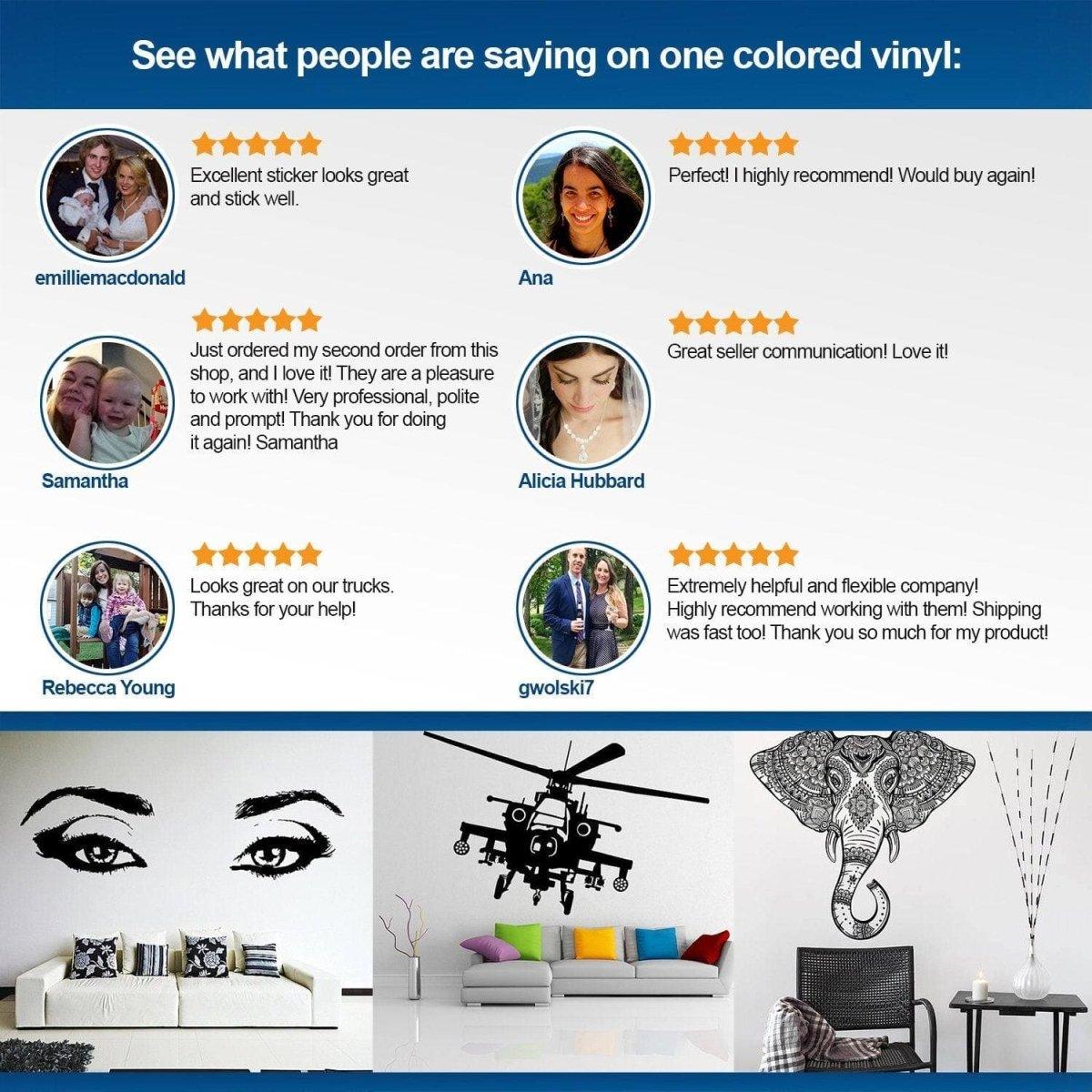 Customer reviews for one colored vinyl stickers, showcasing satisfaction and design appeal.