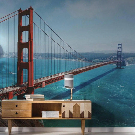 Golden Gate Bridge Vinyl Wall Decal in a stylish living room, showcasing San Francisco skyline decor.
