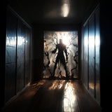 Frosted vampire silhouette window decal casting dramatic shadows in a stylish hallway.