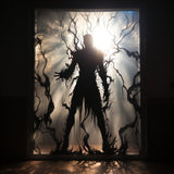 Gothic vampire silhouette window decal casting shadows, adding mystique and elegance to any space.
