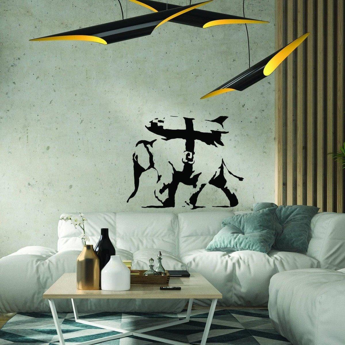 Majestic elephant graffiti vinyl sticker in a modern living room, adding vibrant wall art to the decor.
