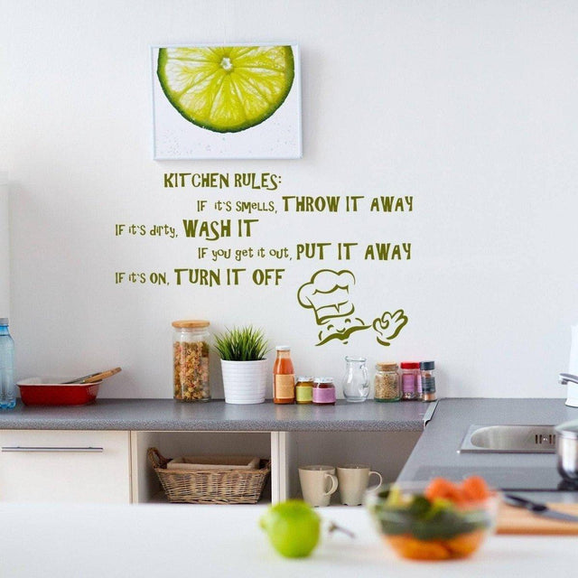 Family rules wall decal with kitchen humor, vinyl sticker decor for a charming home.