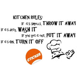 Humorous Family Kitchen Rules wall decal: fun reminders for a tidy kitchen, featuring a chef illustration.