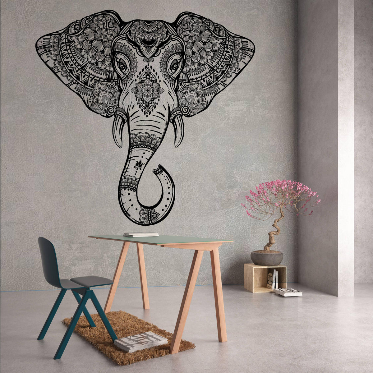 Elephant head wall vinyl sticker, Aztec decor design, geometric decal for home or nursery, modern interior.