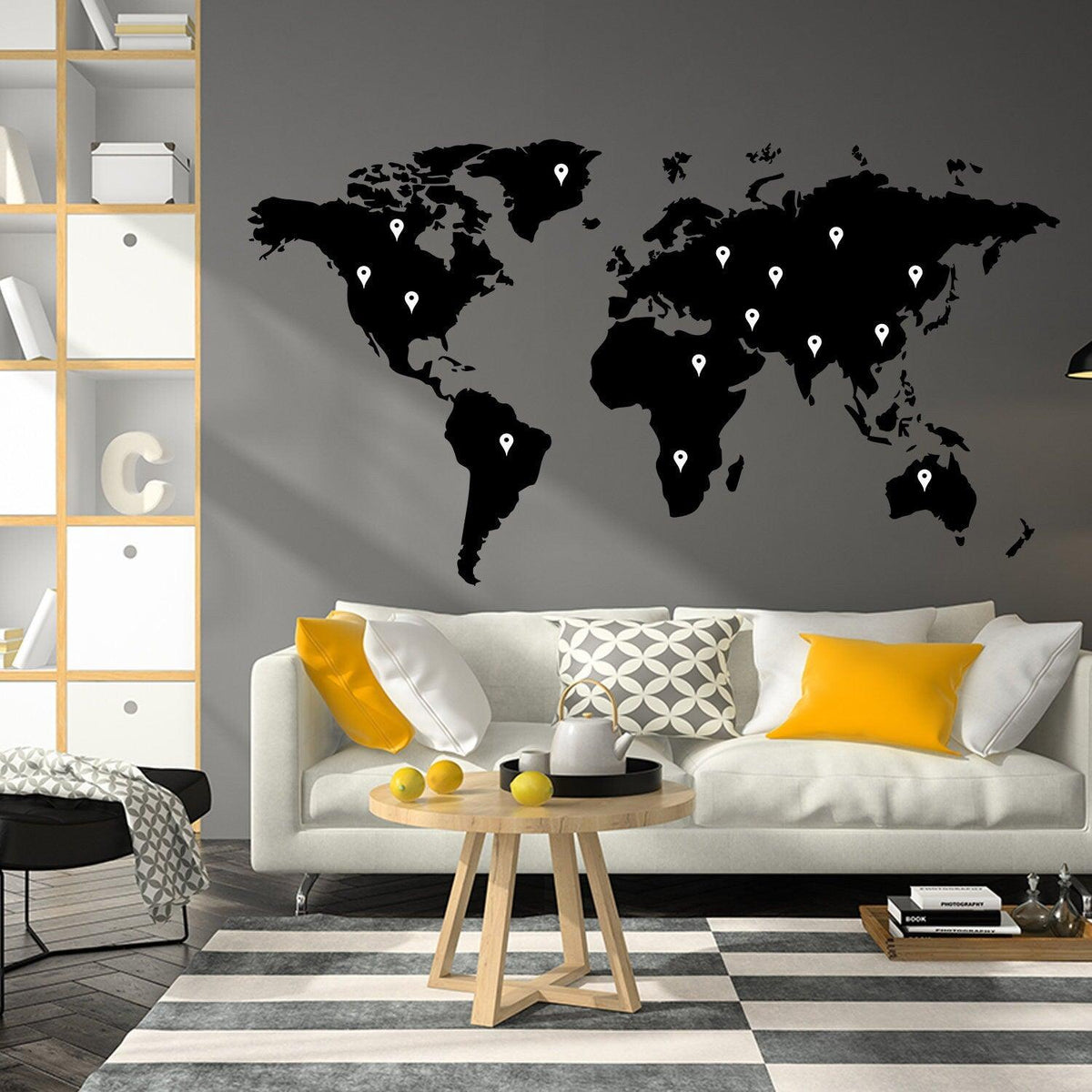 World Map Vinyl Sticker wall art showcasing detailed continents in black on a stylish interior background.