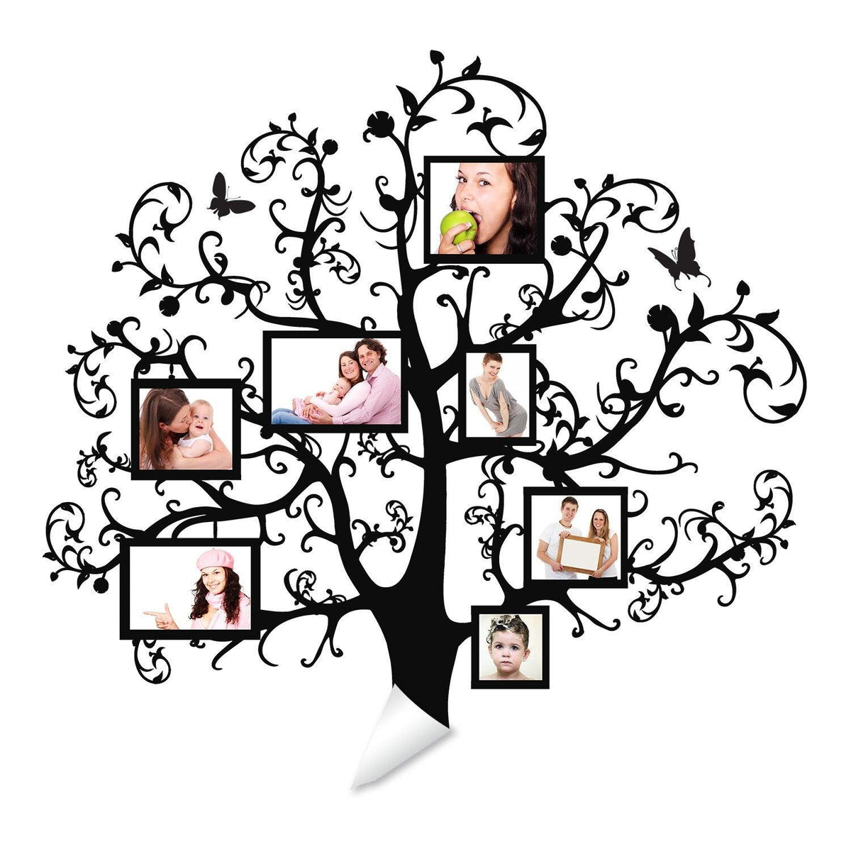 Family vinyl wall decal featuring a decorative tree with photo frames for displaying cherished family memories.