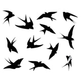 12 black vinyl flock of birds wall stickers in various sizes.