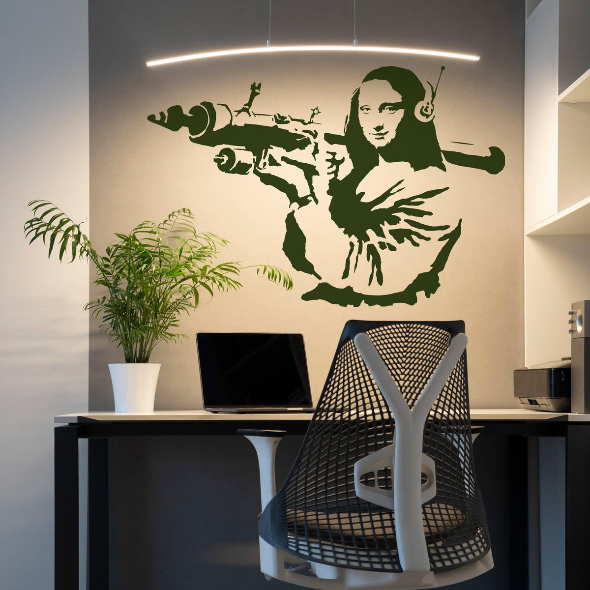 Mona Lisa wall sticker displayed in a modern workspace.