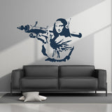 Mona Lisa wall sticker with a modern street art twist above a sofa.