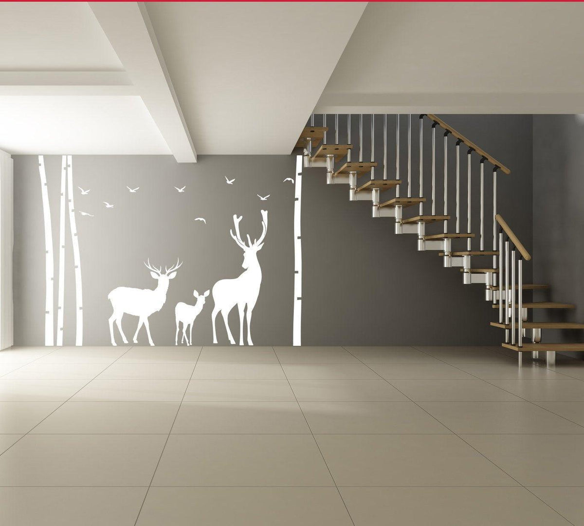 White deer wall vinyl sticker design featuring a deer family in a modern interior space.