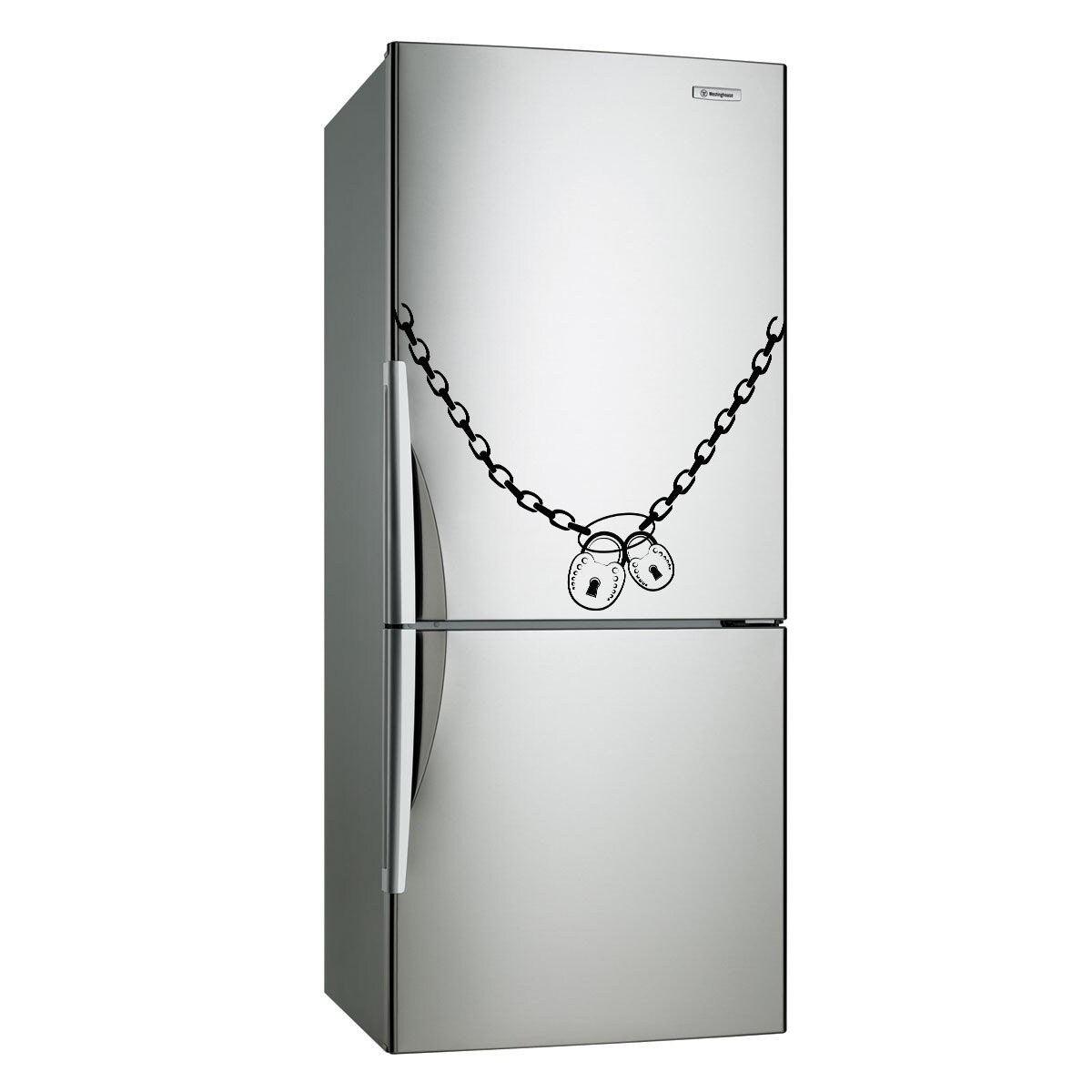 Funny fridge decoration with die cut chain and handcuffs vinyl sticker on a stainless steel refrigerator.