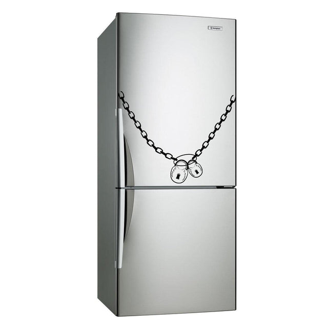 Funny fridge decoration with die cut chain and handcuffs vinyl sticker on a stainless steel refrigerator.
