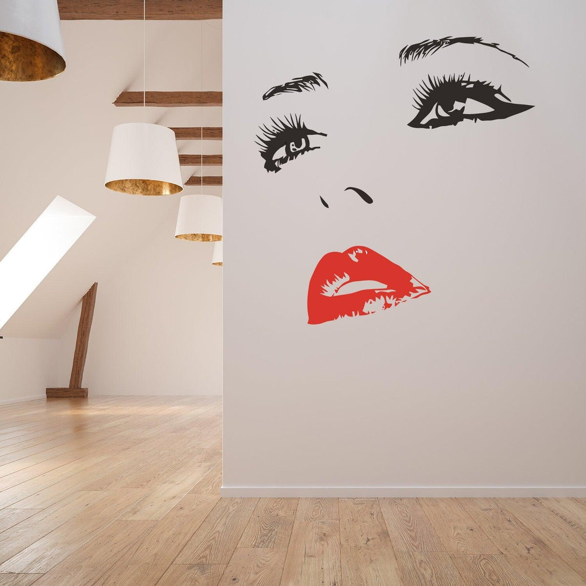 Elegant woman face vinyl sticker on wall, featuring bold black and red design, adding beauty to modern decor.