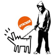 Person walking a dog street art vinyl wall sticker.