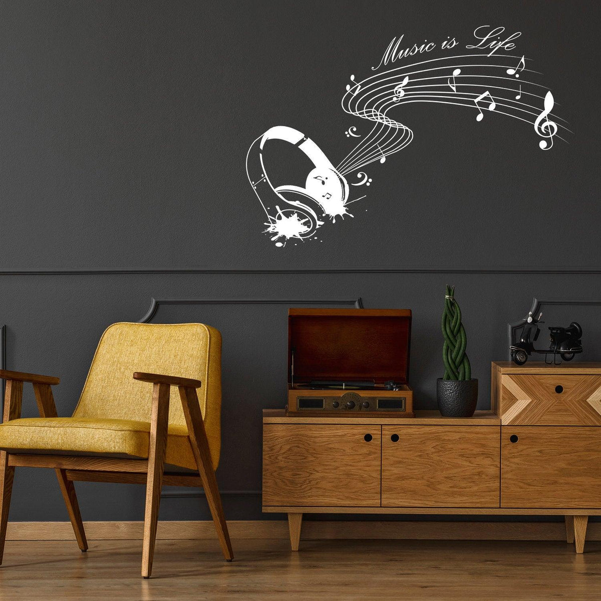 Music is Life wall sticker with headphones and musical notes in modern living room decor.