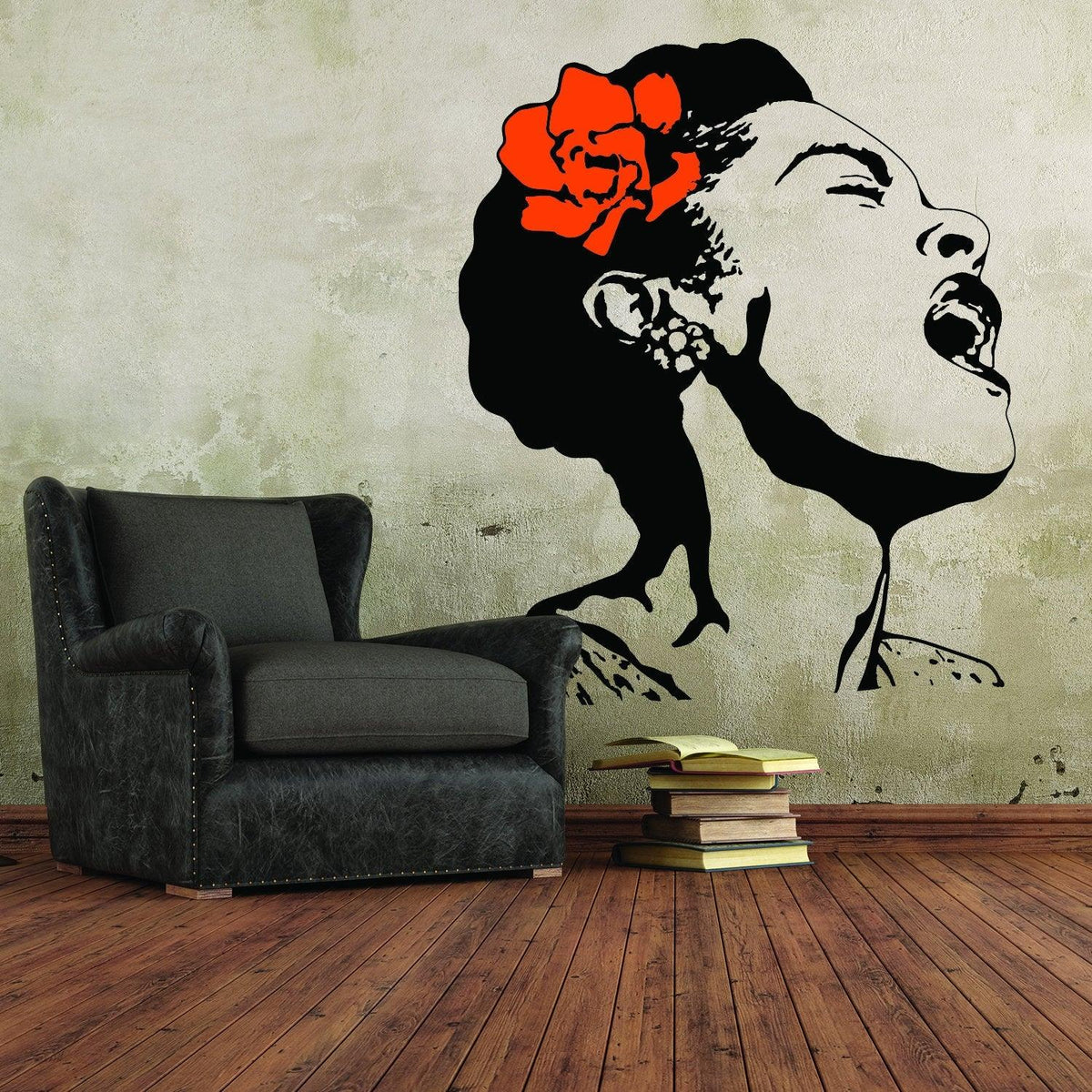 Life Is Beautiful street art wall decal featuring a singing woman with a flower in her hair.