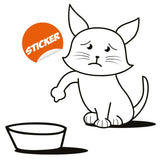 Cute cat sticker design looking sad near an empty bowl.