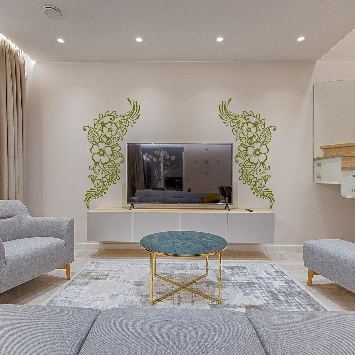 Henna Tattoo Wall Vinyl Sticker featuring floral mandala design around TV in modern living room decor.