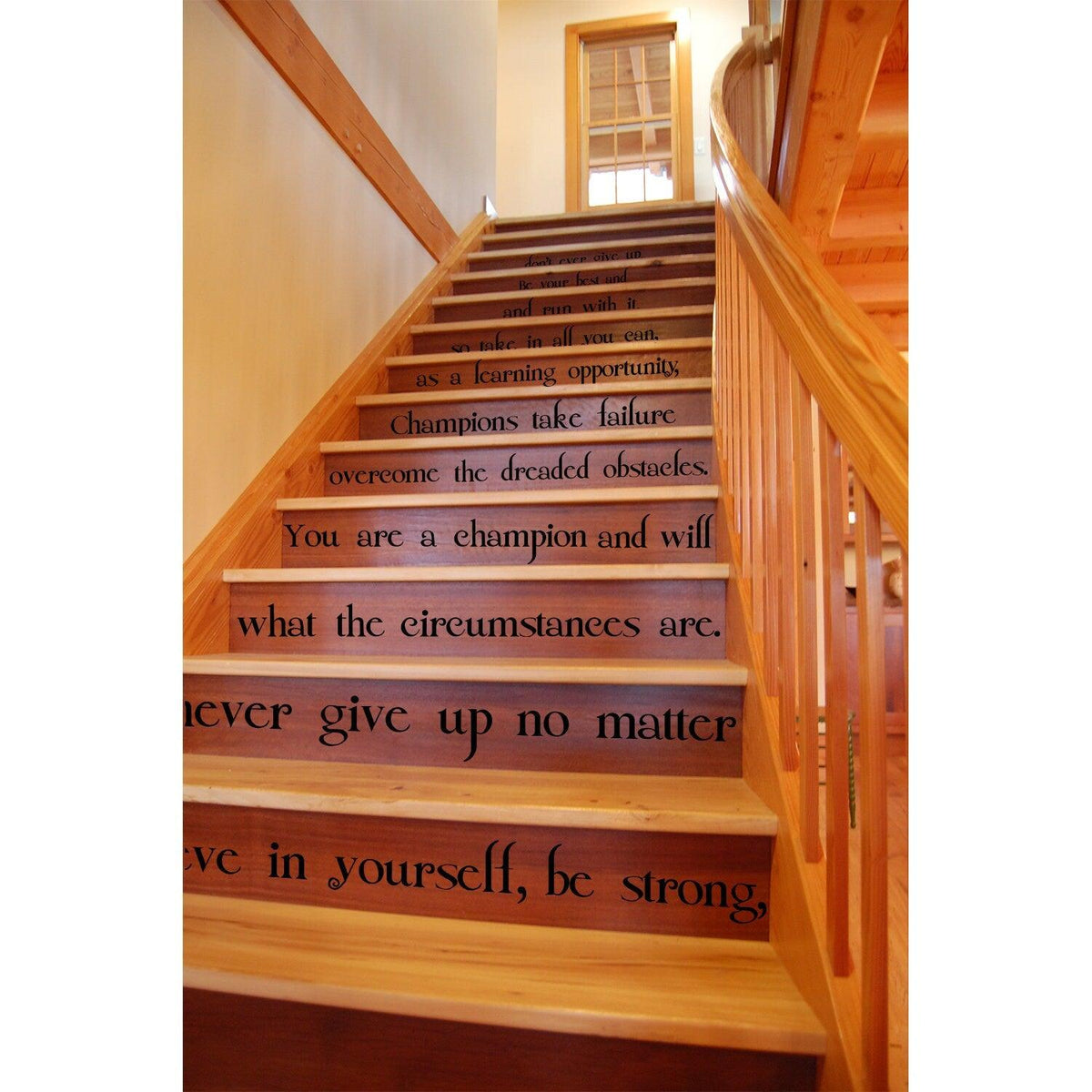 Believe In Yourself stair vinyl sticker with motivational quotes on wooden stairs.