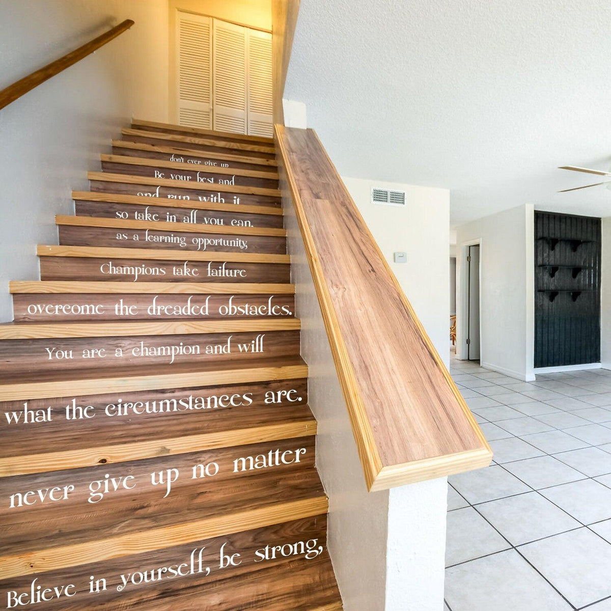 Believe In Yourself stair vinyl sticker on wooden stairs, featuring motivational quotes for home decor and inspiration.