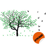 Tree sticker decal featuring detailed branches and green leaves, with birds flying nearby.