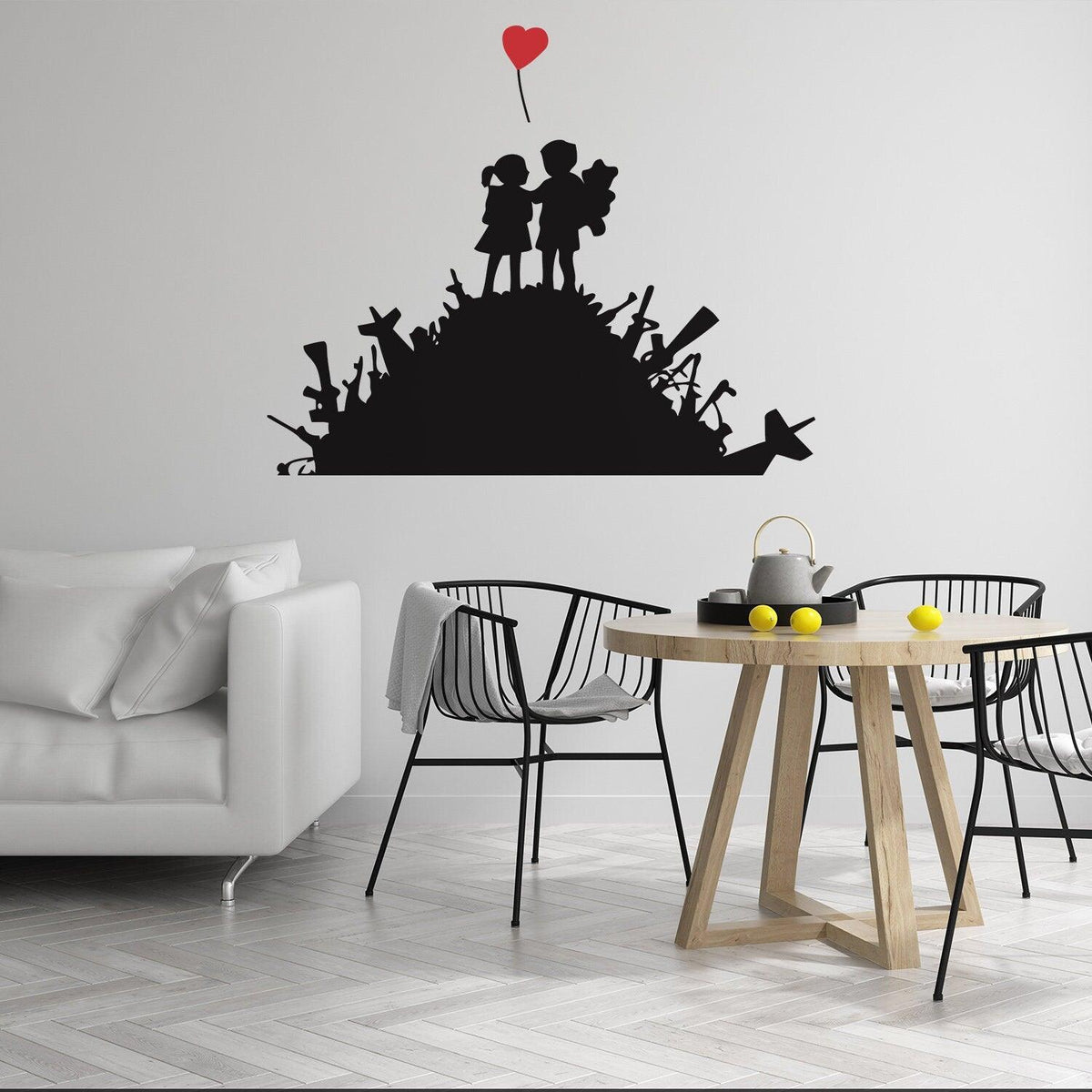 Boy and girl wall sticker with heart balloon above a dining set.