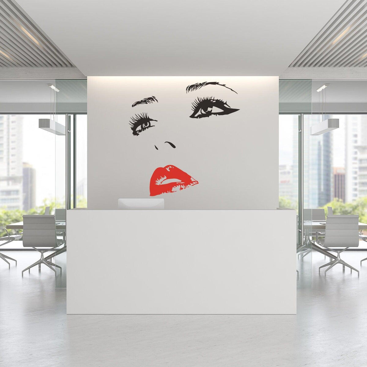 Elegant woman face vinyl sticker on white wall, modern decor with red lips.