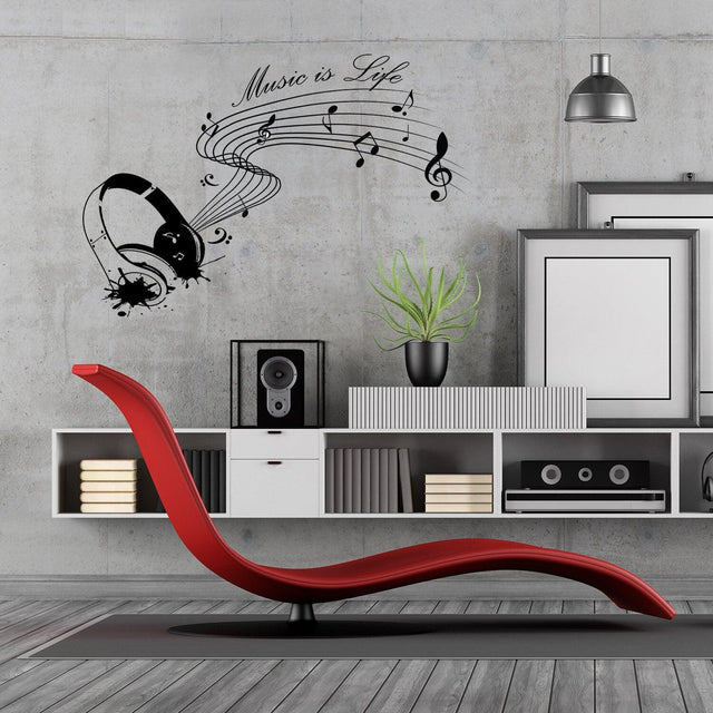 Music is Life wall sticker design featuring musical notes and headphones in a stylish modern living room.