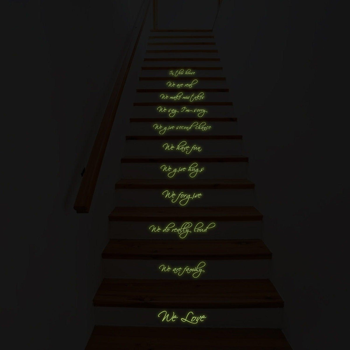 Glow in dark vinyl stair sticker decal with family quote, enhancing home ambiance and decor.