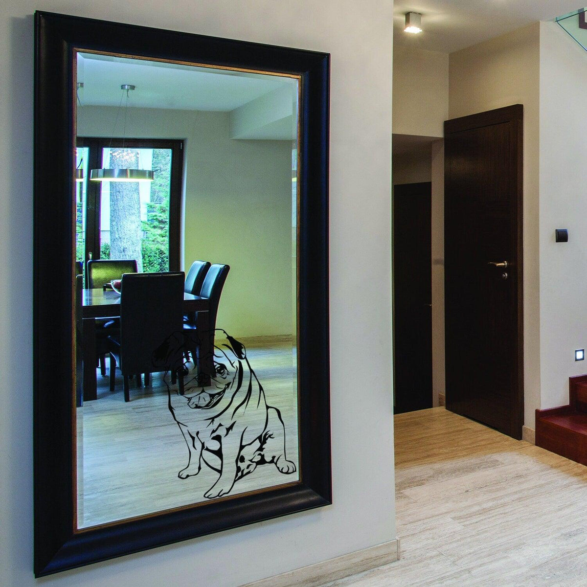 Custom wall decal of a dog on a mirror, showcasing a personalized pet portrait in a stylish home setting.