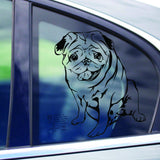Custom vinyl decal of a cute pug sitting on a car window.