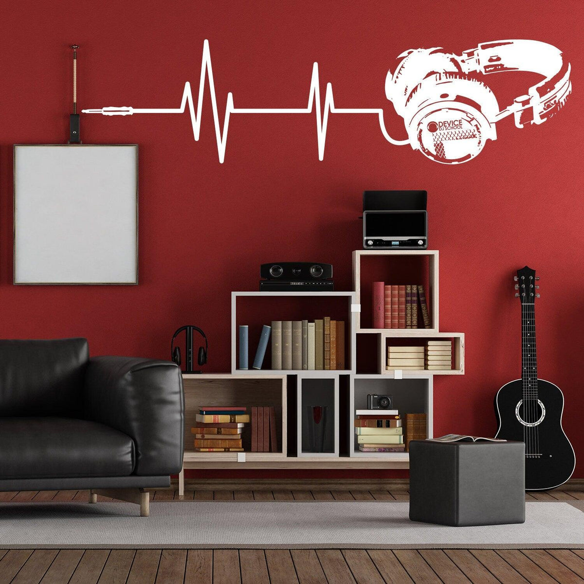 Headphone vinyl wall sticker on red wall, featuring heartbeat line design.