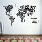 Colorful world map vinyl wall sticker with country names in playful font.
