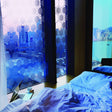 Frosted window film privacy decal in a modern bedroom, creating a serene atmosphere with elegant design.