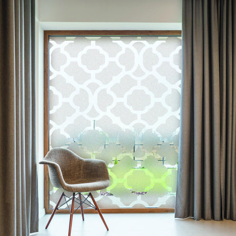 Stylish frosted window film design featuring geometric patterns, enhancing privacy while allowing natural light.