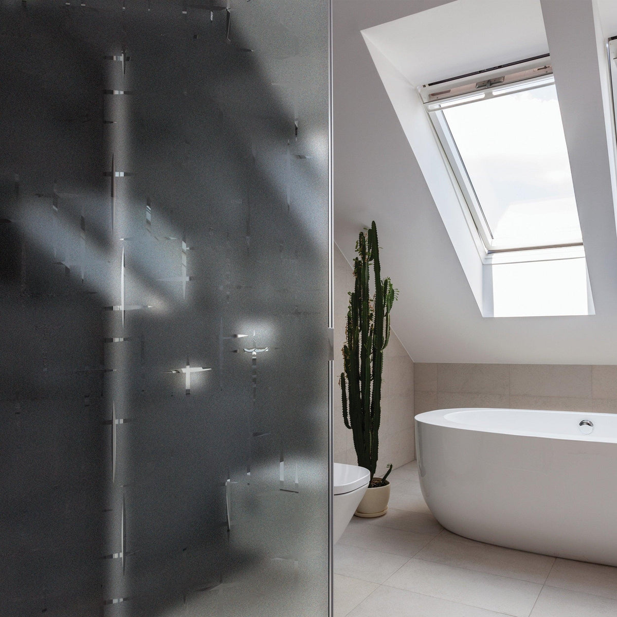 Frosted film shower wall with sunlight illuminating a modern bathroom featuring a sleek bathtub and a potted cactus.