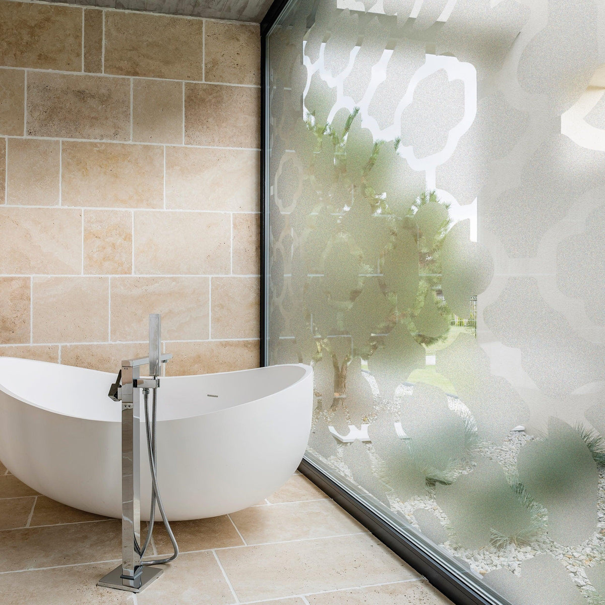 Stylish frosted door film privacy vinyl decal on glass in a modern bathroom, enhancing privacy and aesthetics.