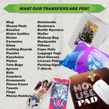 Image showcasing various products for custom heat transfers including mugs, t-shirts, mouse pads, and more.