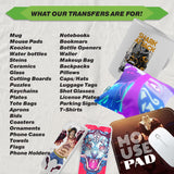 Graphic showing various products for custom transfers including mugs, notebooks, t-shirts, and more.